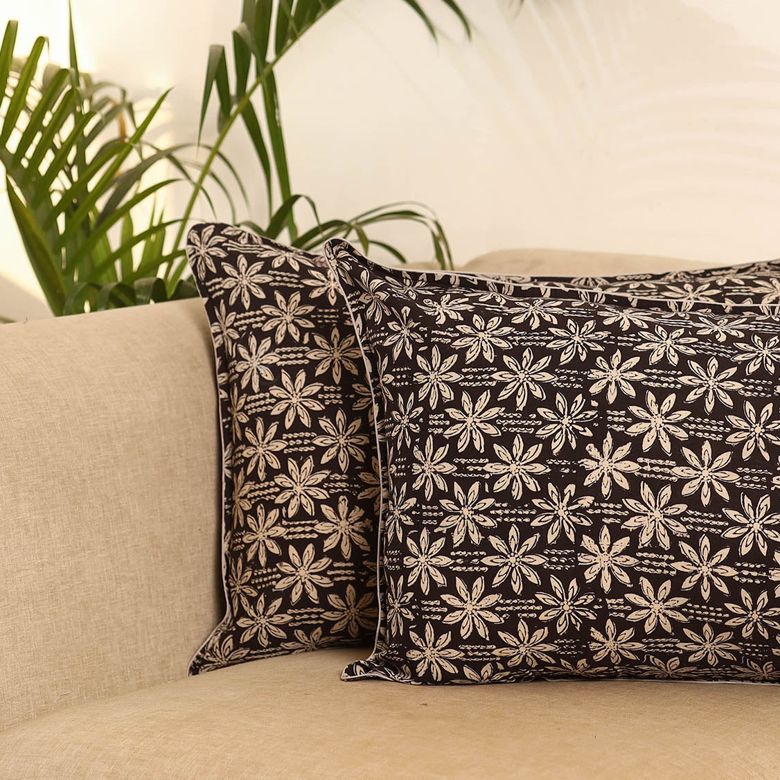 Black - set of 2 bagru hand pillow covers 07 - handcrafted