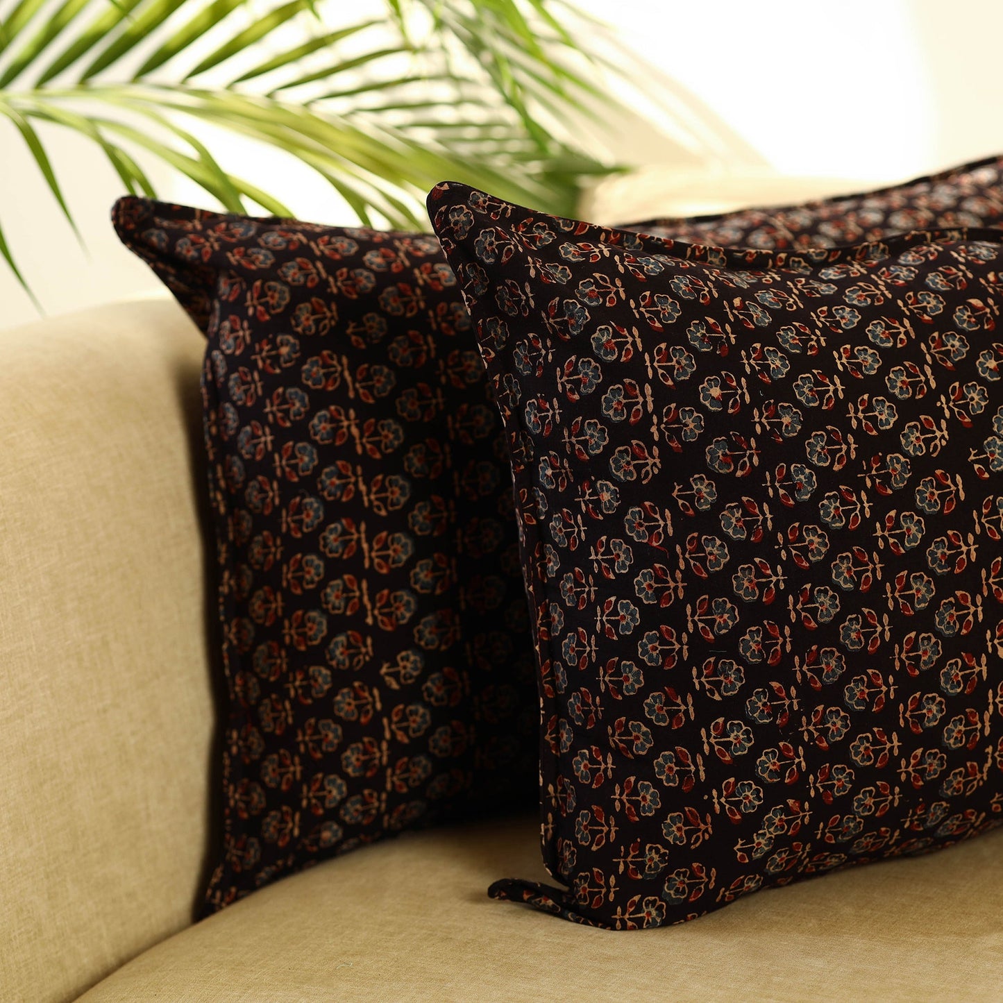 Buy Set of 2 Black Ajrakh Block Print Cotton Pillow Covers