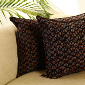 Buy Set of 2 Black Ajrakh Block Print Cotton Pillow Covers