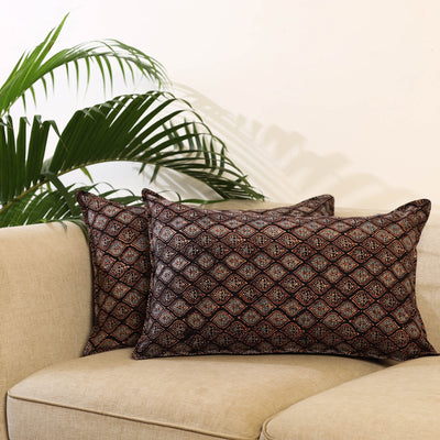 Buy Set of 2 Black Ajrakh Block Print Cotton Pillow Covers