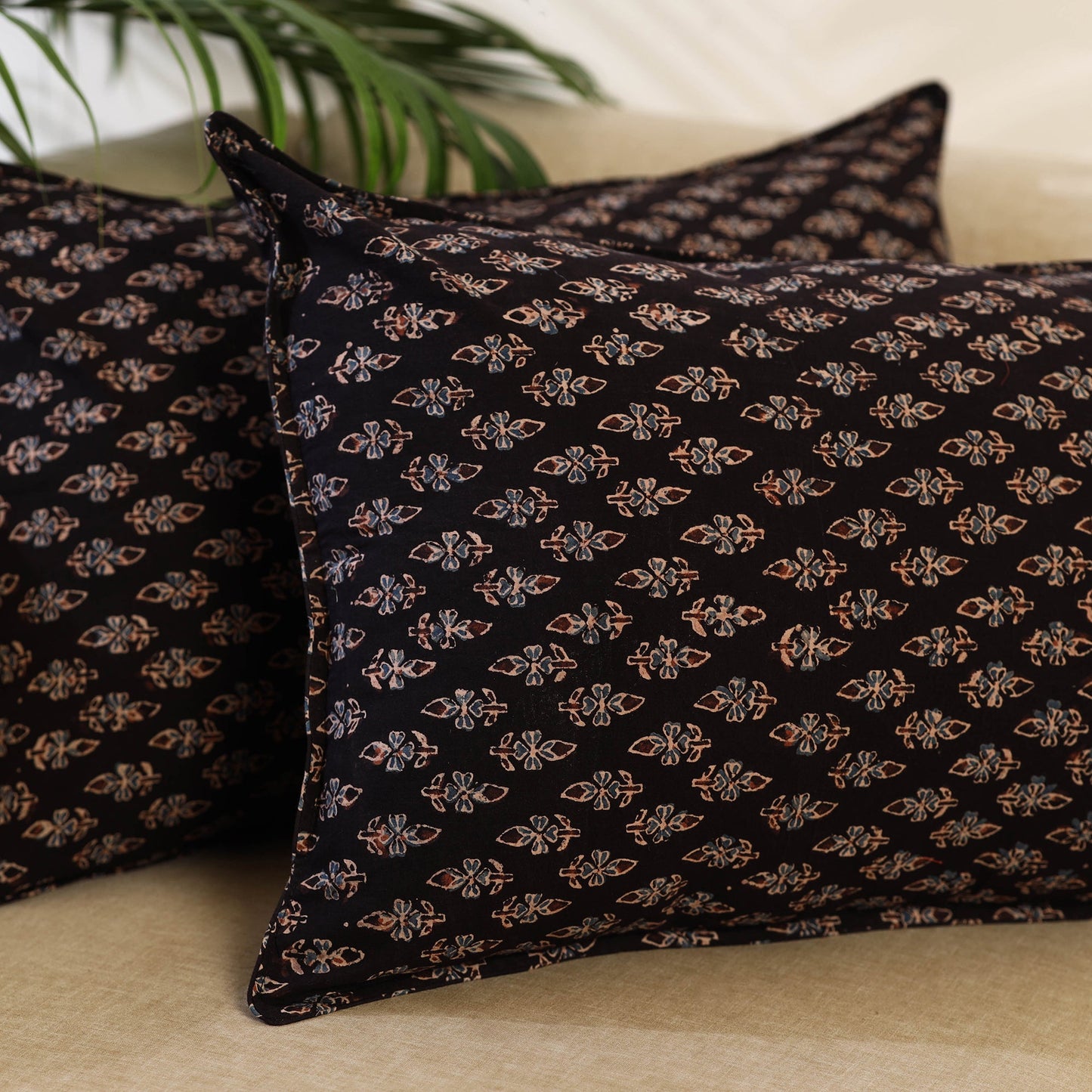 Buy Set of 2 Black Ajrakh Block Print Cotton Pillow Covers