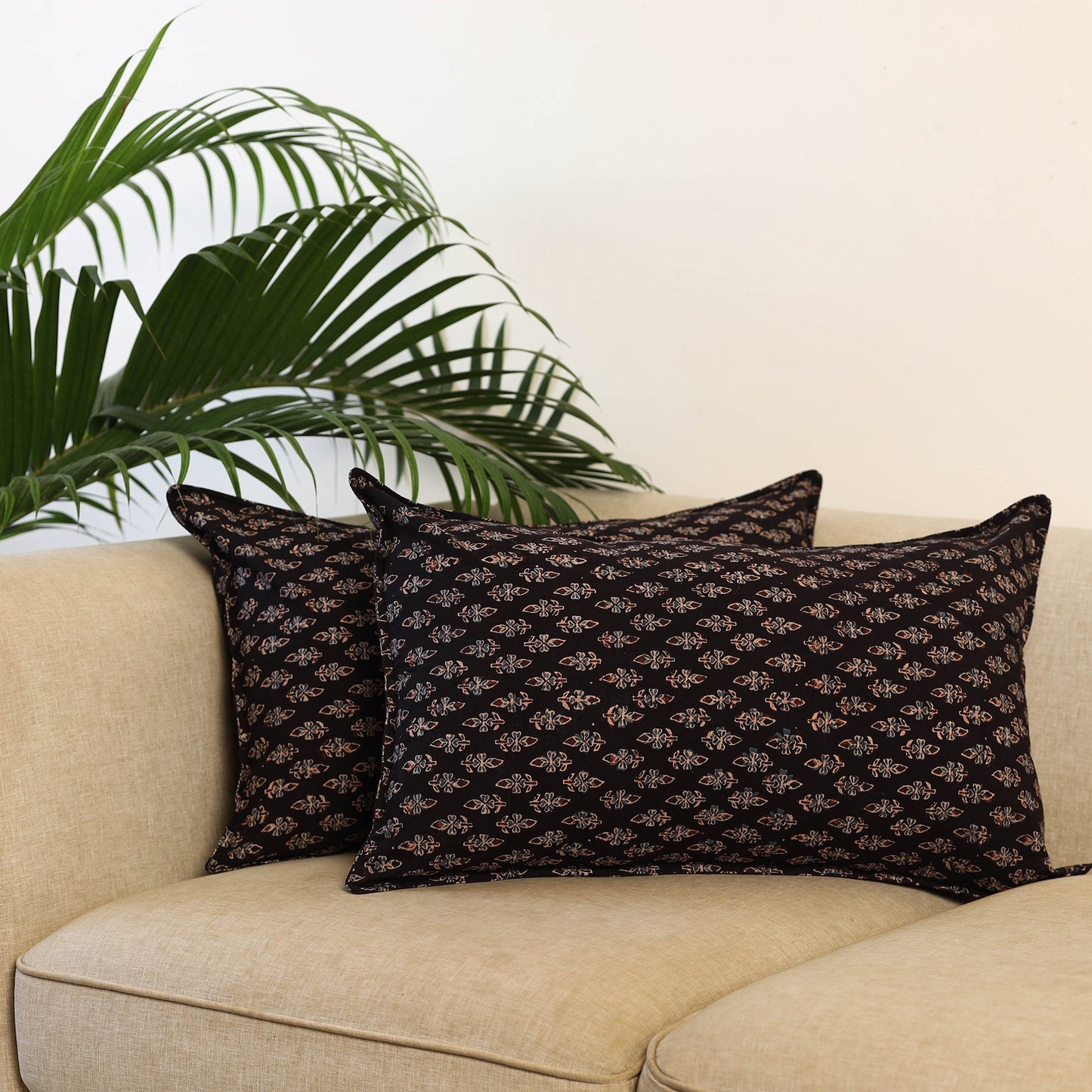 Buy Set of 2 Black Ajrakh Block Print Cotton Pillow Covers