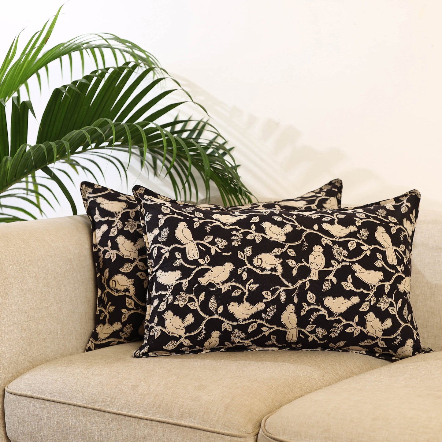 Buy Set of 2 Black Kalamkari Print Cotton Pillow Covers