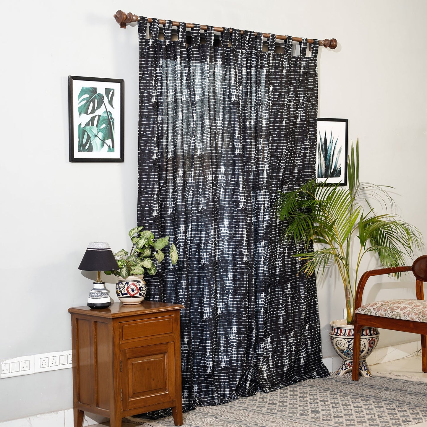 Black - Set of 2 Shibori Tie-Dye Cotton Door Curtain