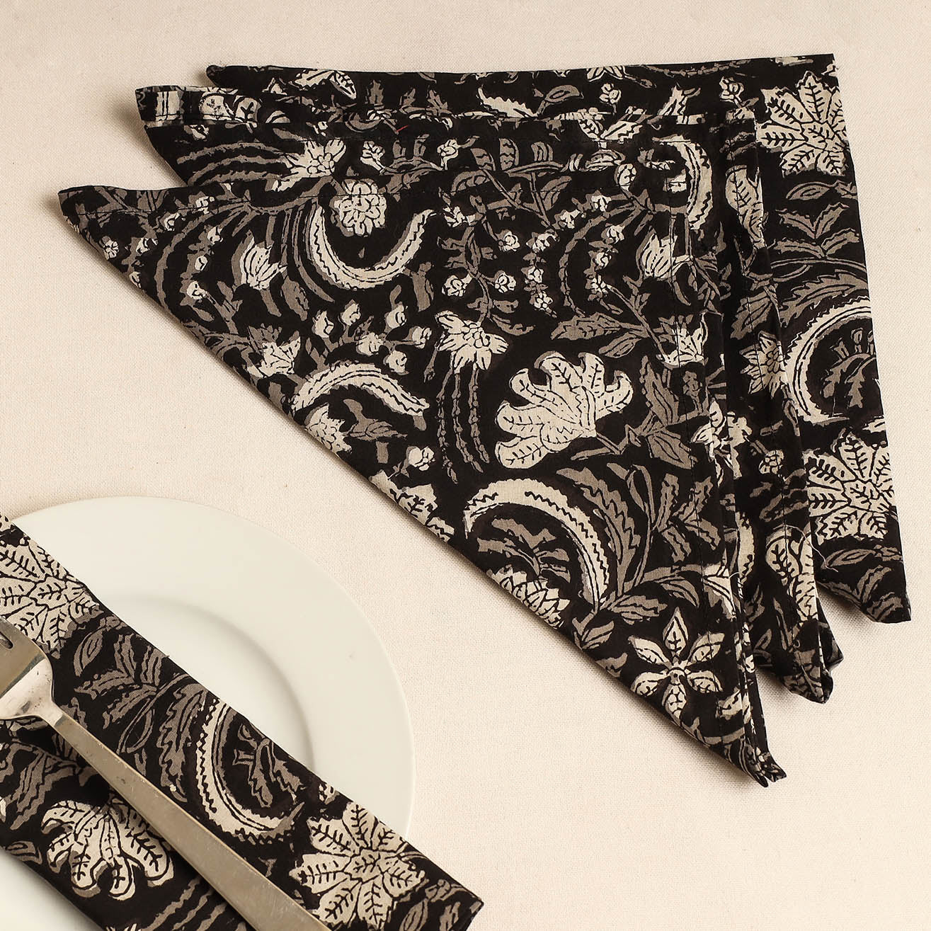 Set of 4 - Black Bagru Block Printed Cotton Table Napkins