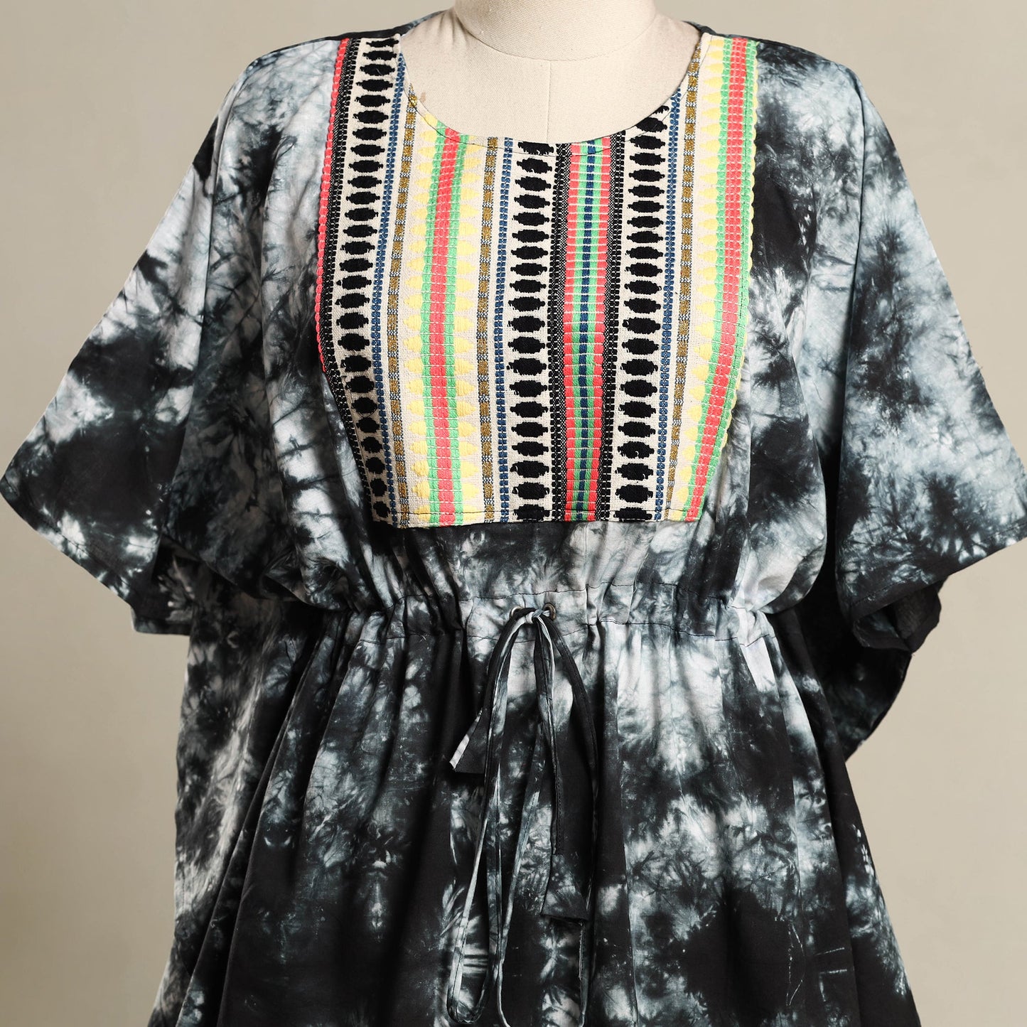 Black - shibori jacquard mosaic fusion cotton kaftan
