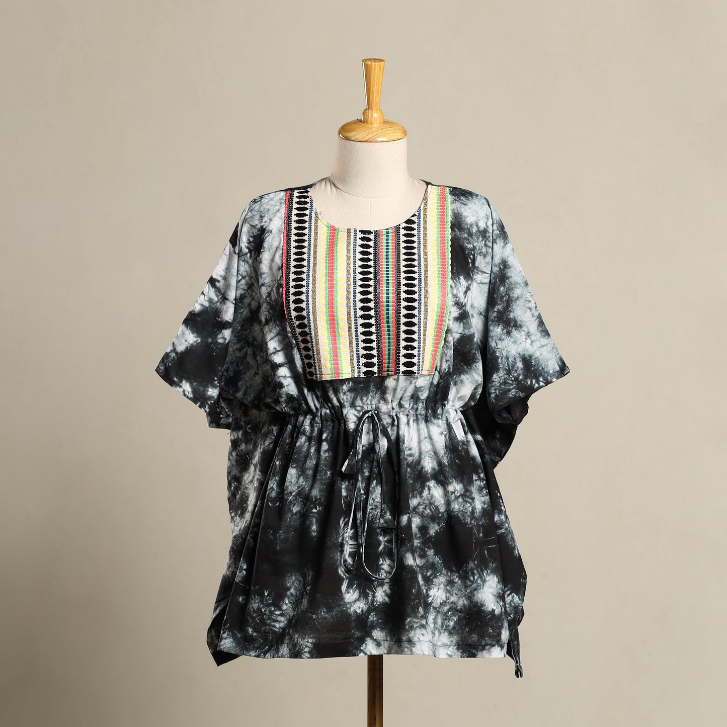 Black - shibori jacquard mosaic fusion cotton kaftan