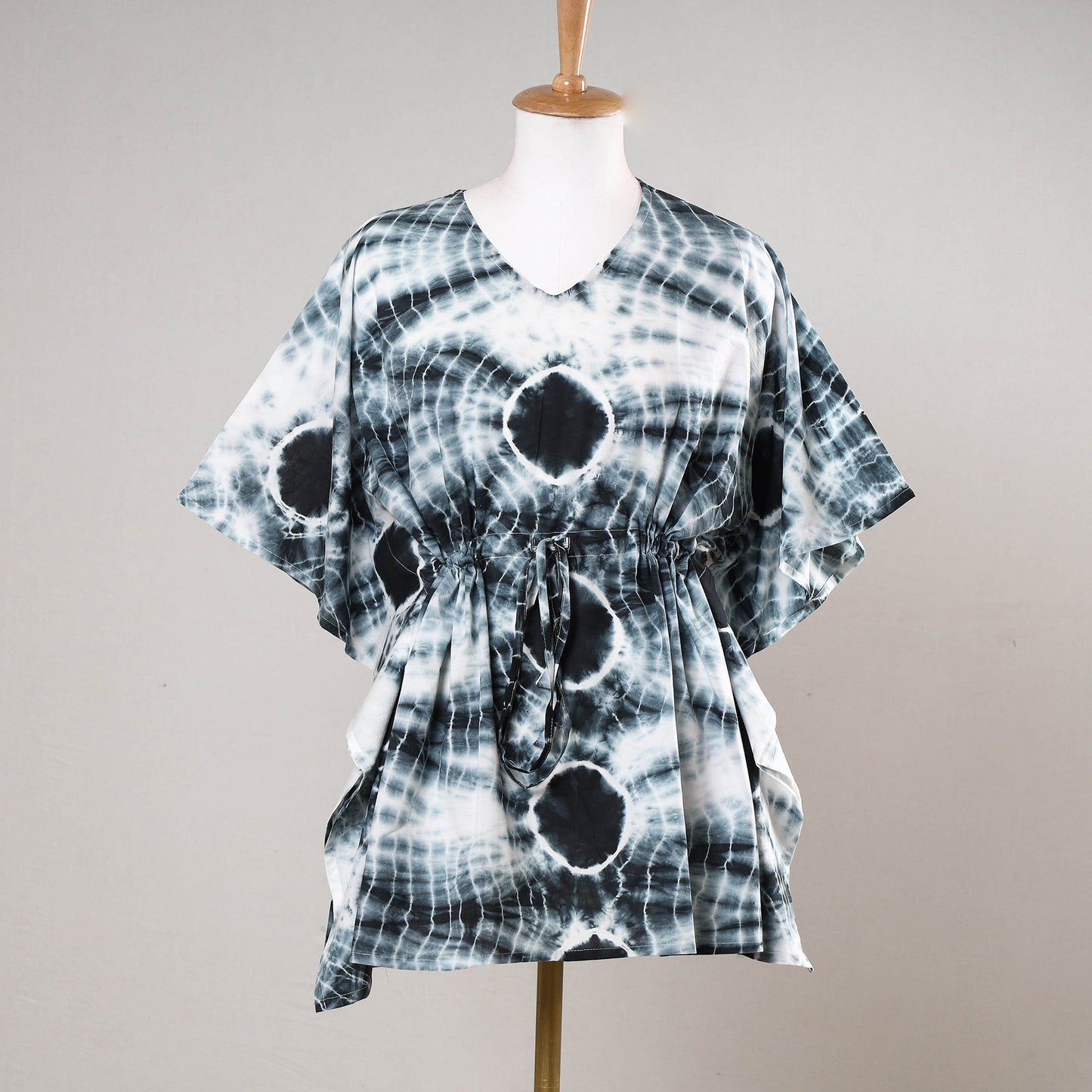 Black - Shibori Tie-Dye Cotton Kaftan with Tie-Up Waist (Short)