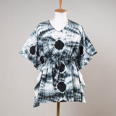 Black - Shibori Tie-Dye Cotton Kaftan with Tie-Up Waist (Short)