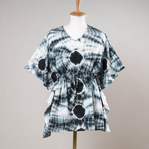 Black - Shibori Tie-Dye Cotton Kaftan with Tie-Up Waist (Short)