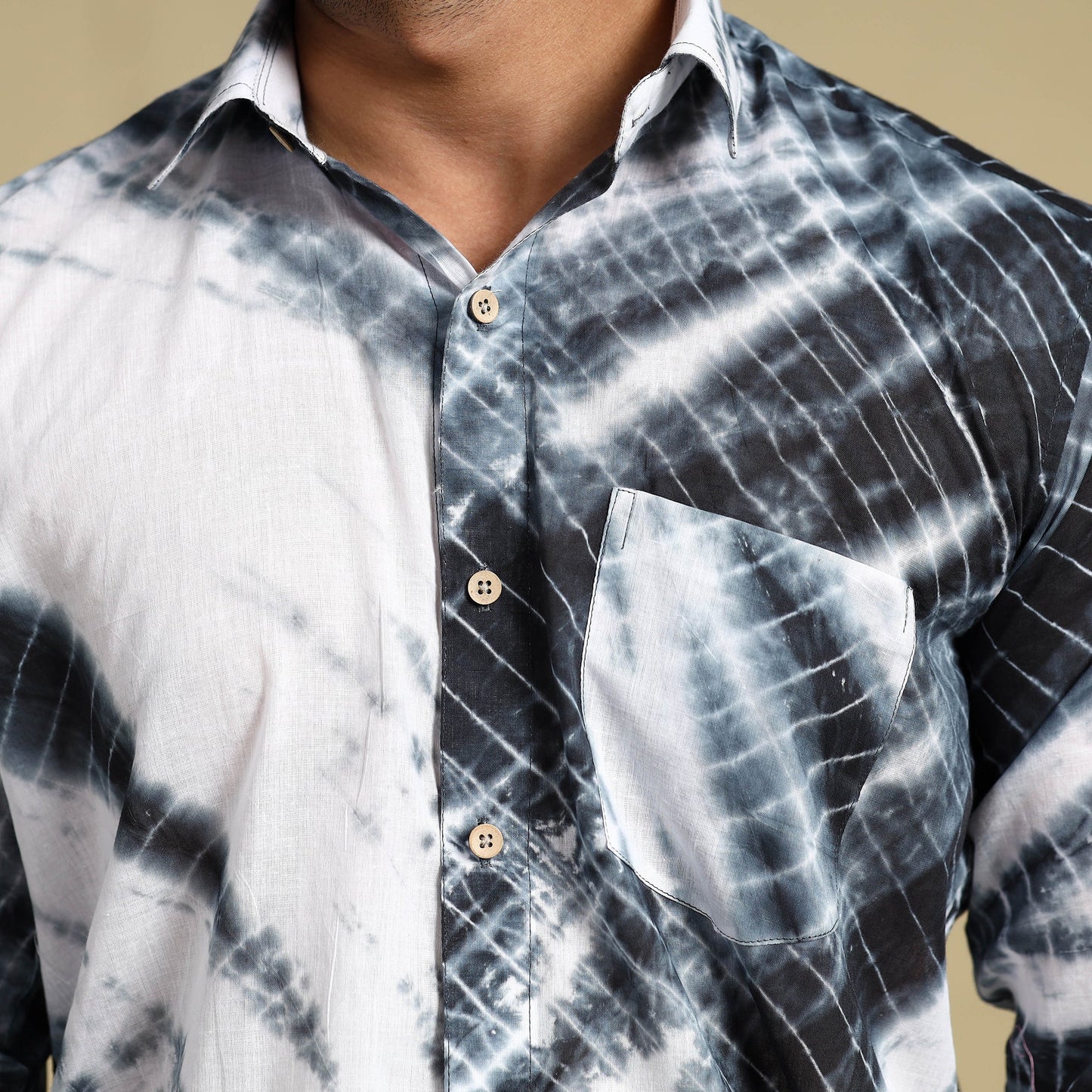 Black - Shibori Tie-Dye Cotton Men Full Sleeve Shirt