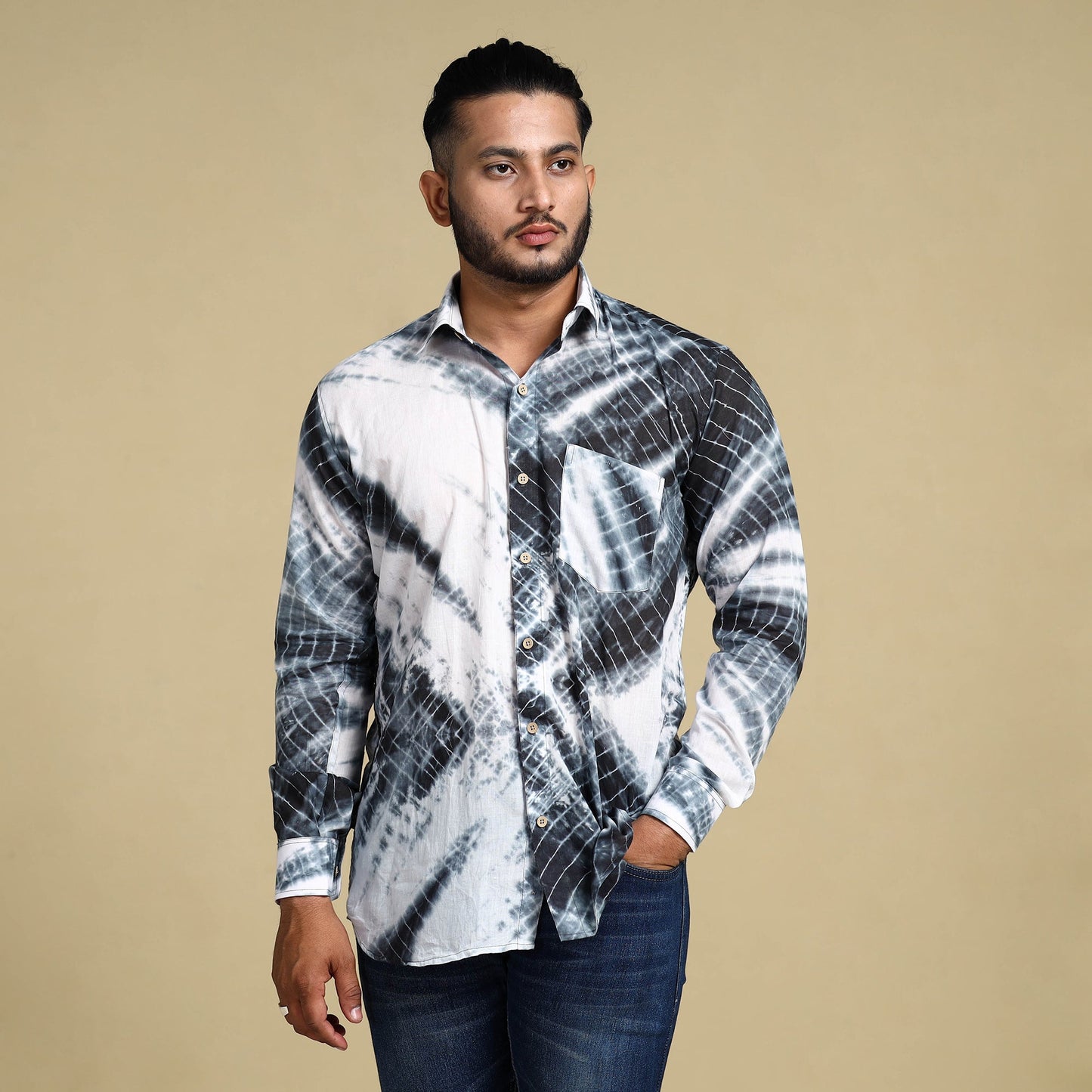 Black - Shibori Tie-Dye Cotton Men Full Sleeve Shirt