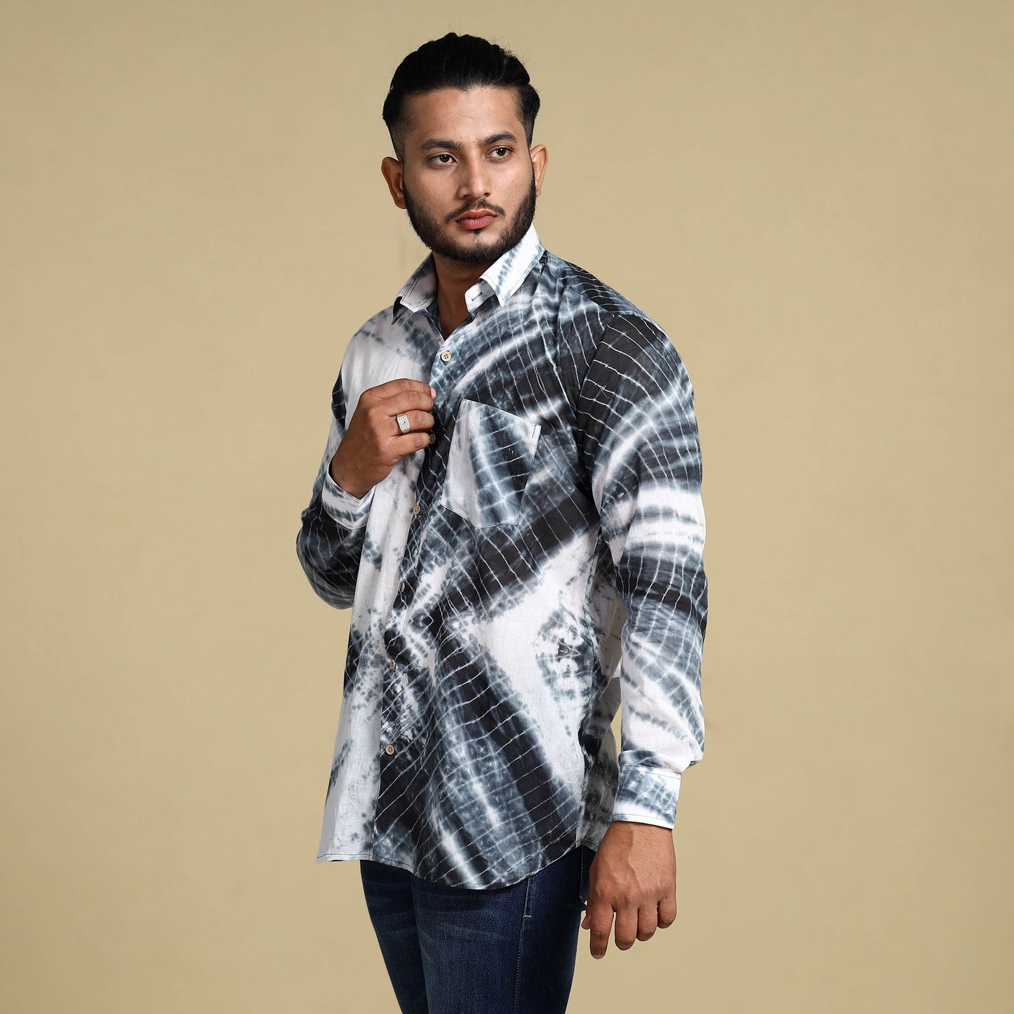 Black - Shibori Tie-Dye Cotton Men Full Sleeve Shirt