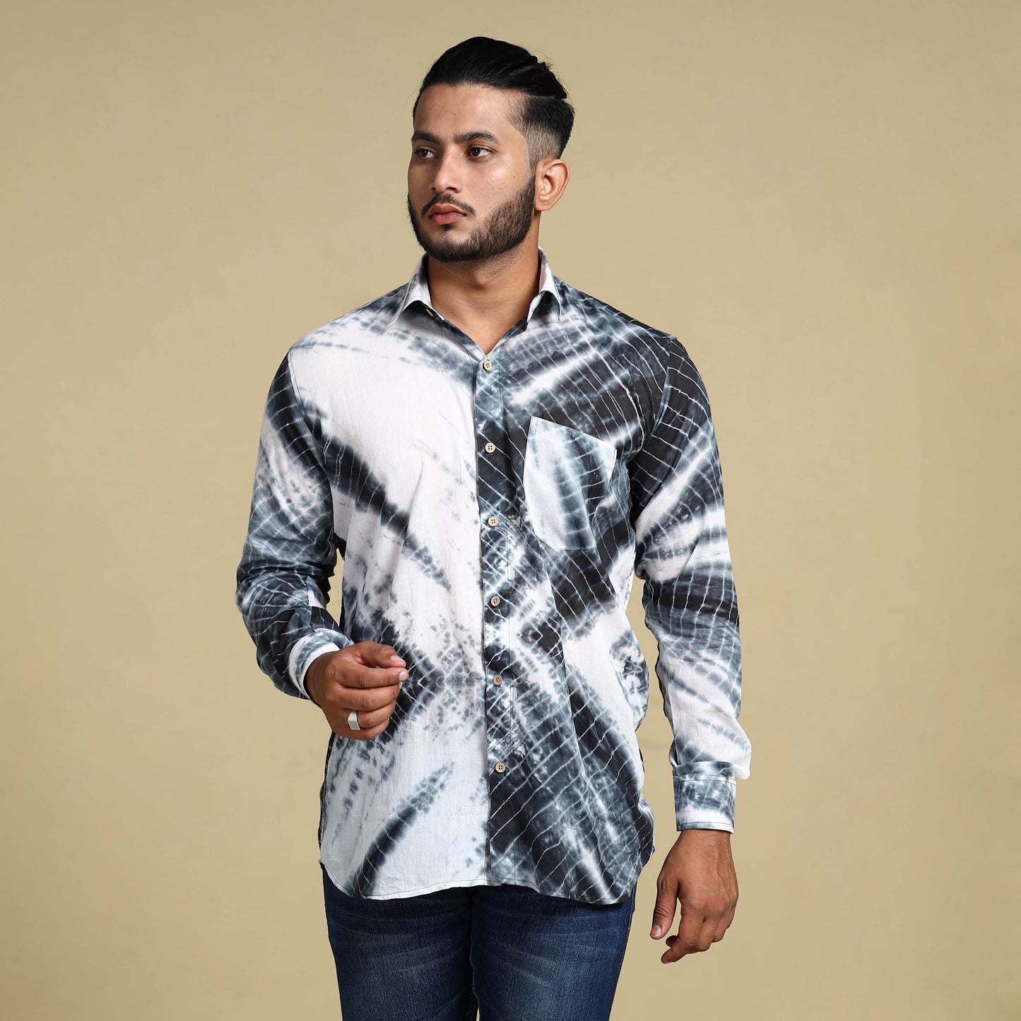 Black - Shibori Tie-Dye Cotton Men Full Sleeve Shirt