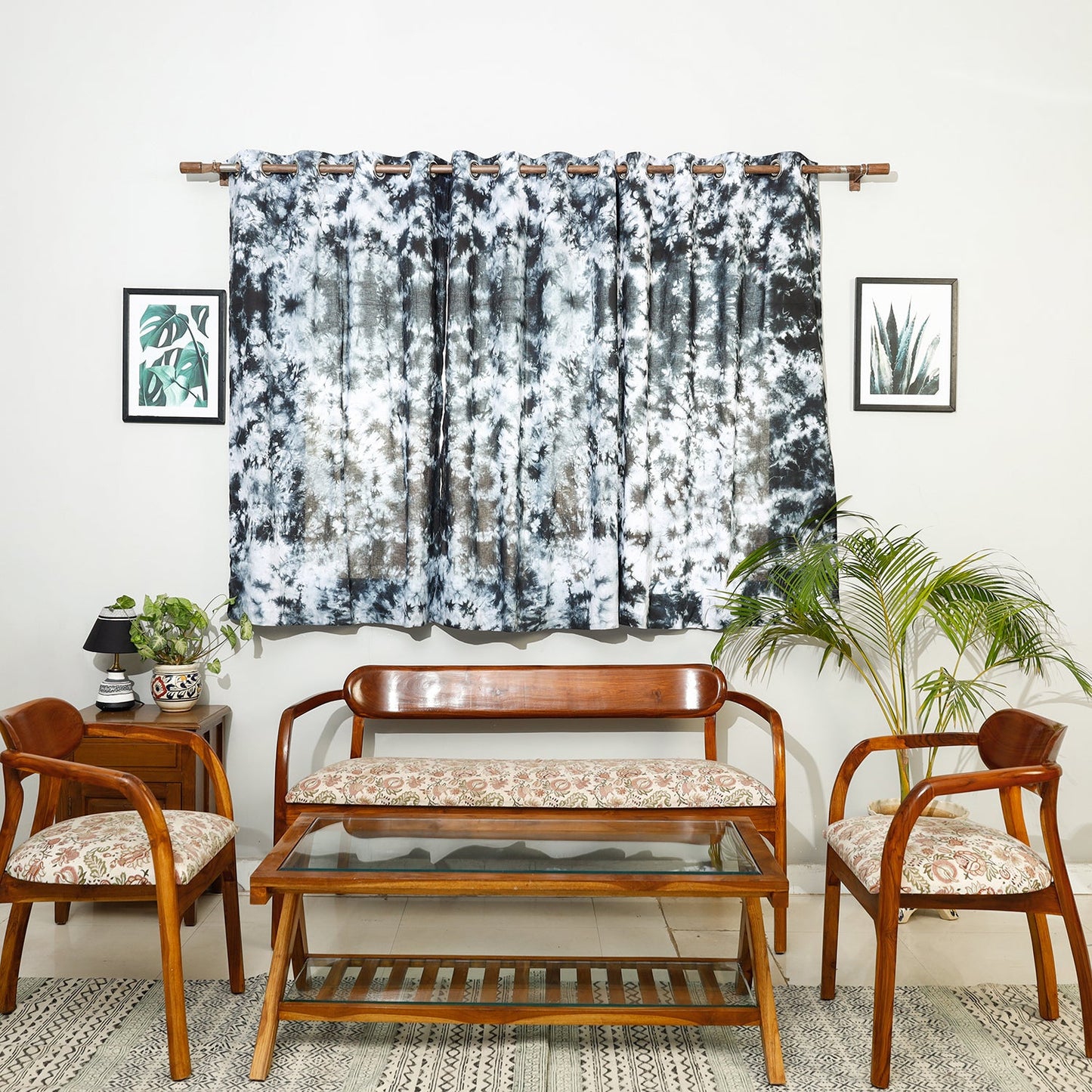 Black - shibori tie-dye cotton window curtain (5 x 3 feet)