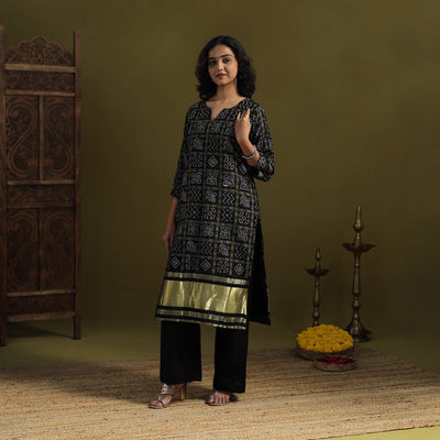 Black - silk bandhani kurta set with lagdi patta (set of 2)