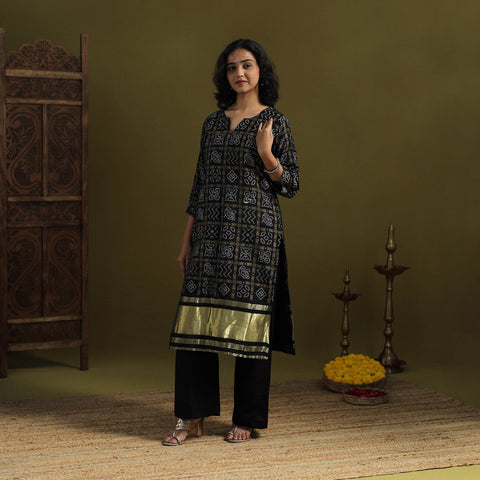 Black - silk bandhani kurta set with lagdi patta (set of 2)