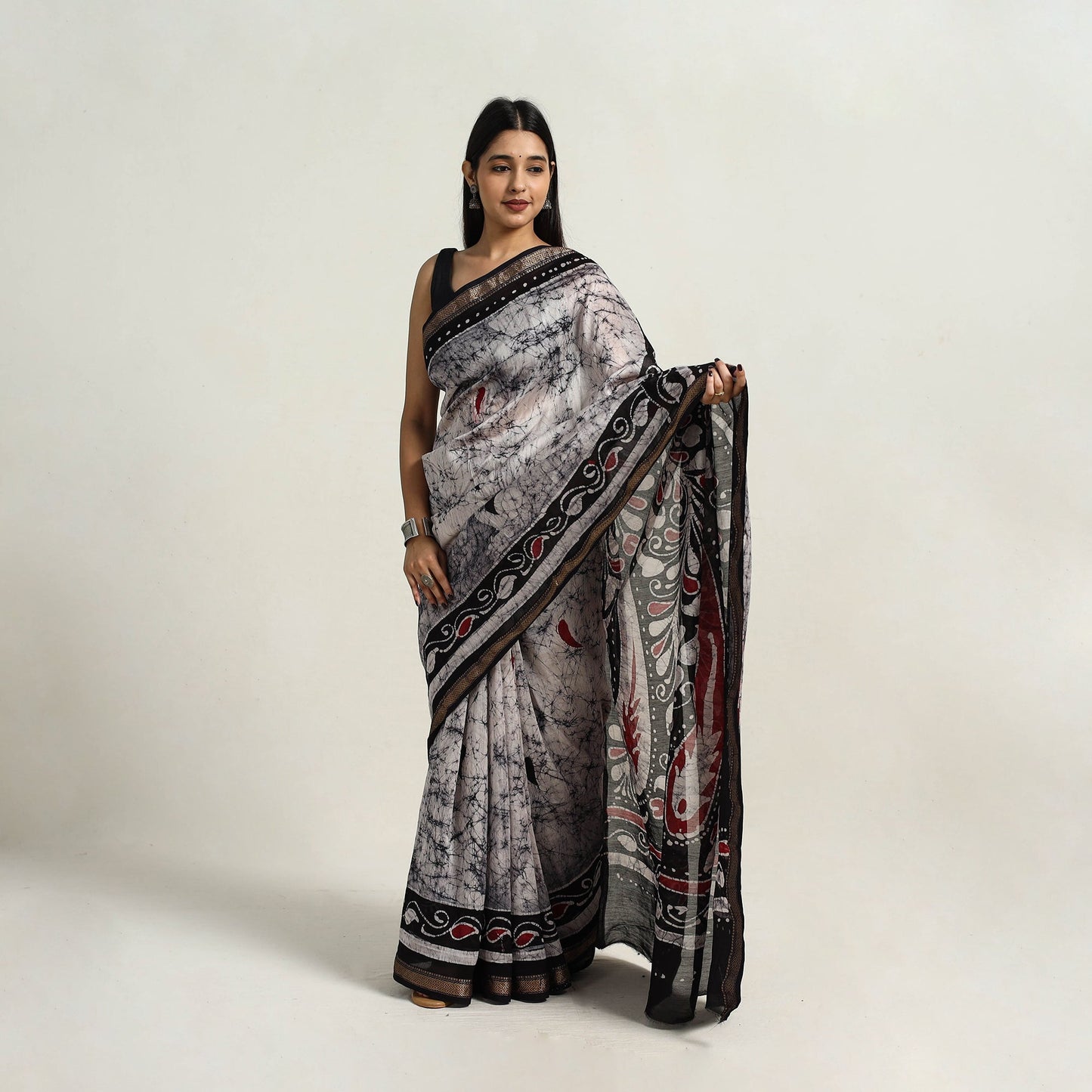Black - silk cotton hand batik saree with blouse 13