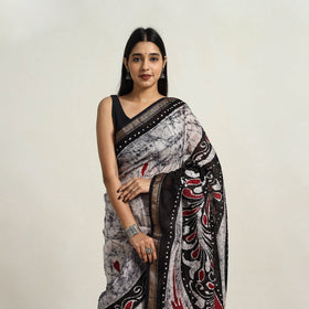 Black - silk cotton hand batik saree with blouse 13
