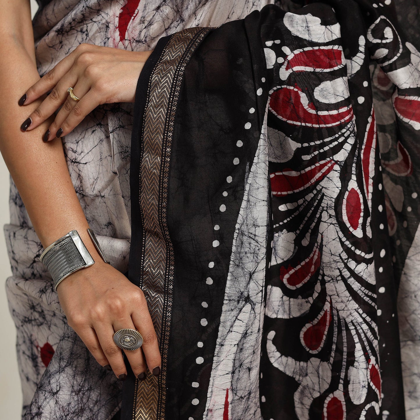 Black - silk cotton hand batik saree with blouse 13