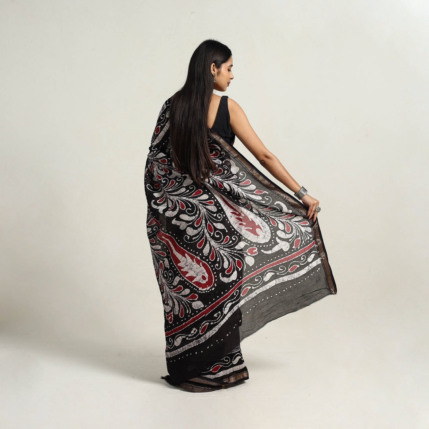 Black - silk cotton hand batik saree with blouse 13