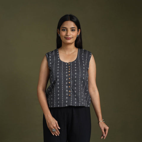  Black Sleeveless Cotton Jacquard Crop Top