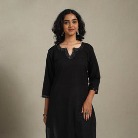 Black Slub Cotton Straight Plain Kurta with Hand Embroidery