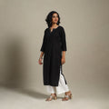 Black Slub Cotton Straight Plain Kurta with Hand Embroidery