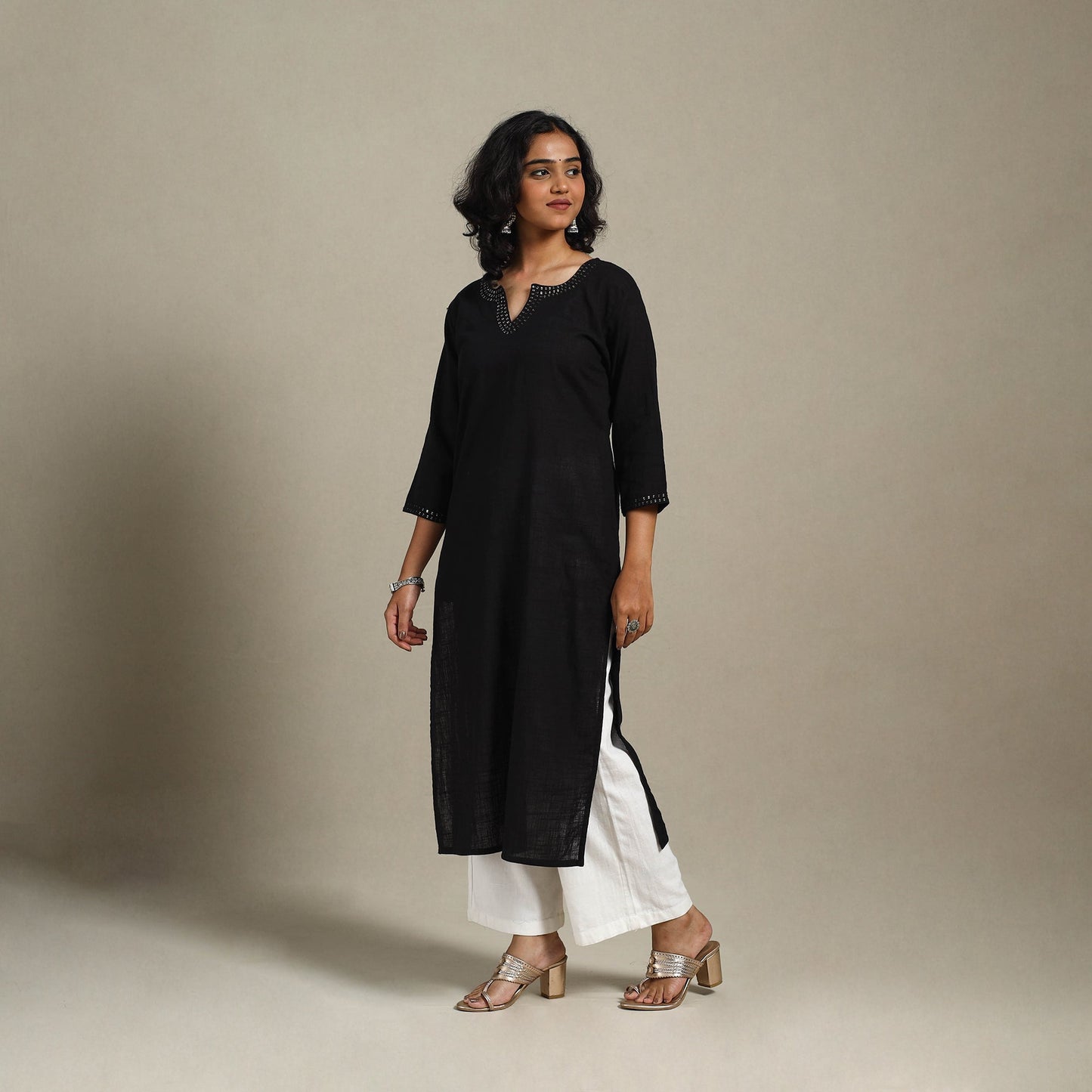 Black Slub Cotton Straight Plain Kurta with Hand Embroidery