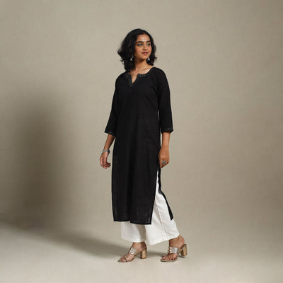 Black Slub Cotton Straight Plain Kurta with Hand Embroidery