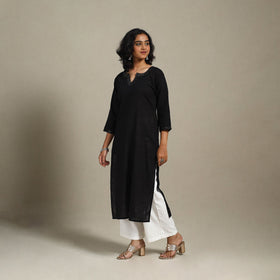 Black Slub Cotton Straight Plain Kurta with Hand Embroidery