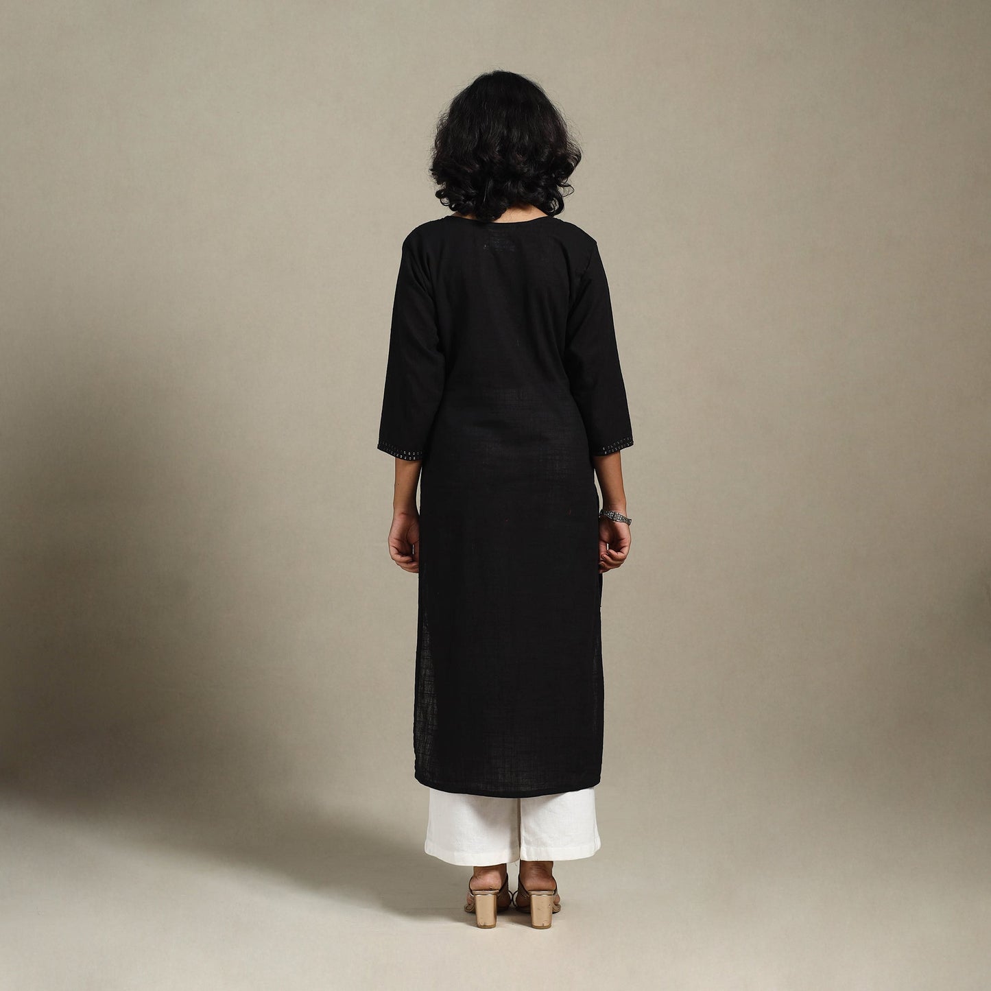 Black Slub Cotton Straight Plain Kurta with Hand Embroidery