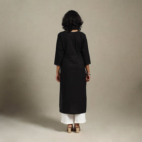 Black Slub Cotton Straight Plain Kurta with Hand Embroidery