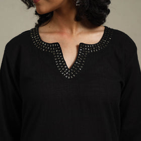 Black Slub Cotton Straight Plain Kurta with Hand Embroidery