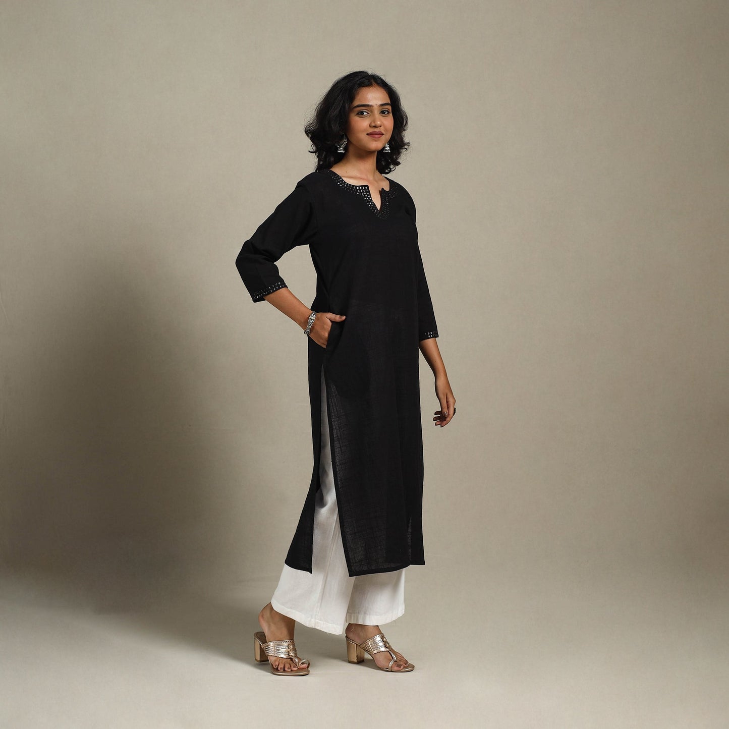 Black Slub Cotton Straight Plain Kurta with Hand Embroidery