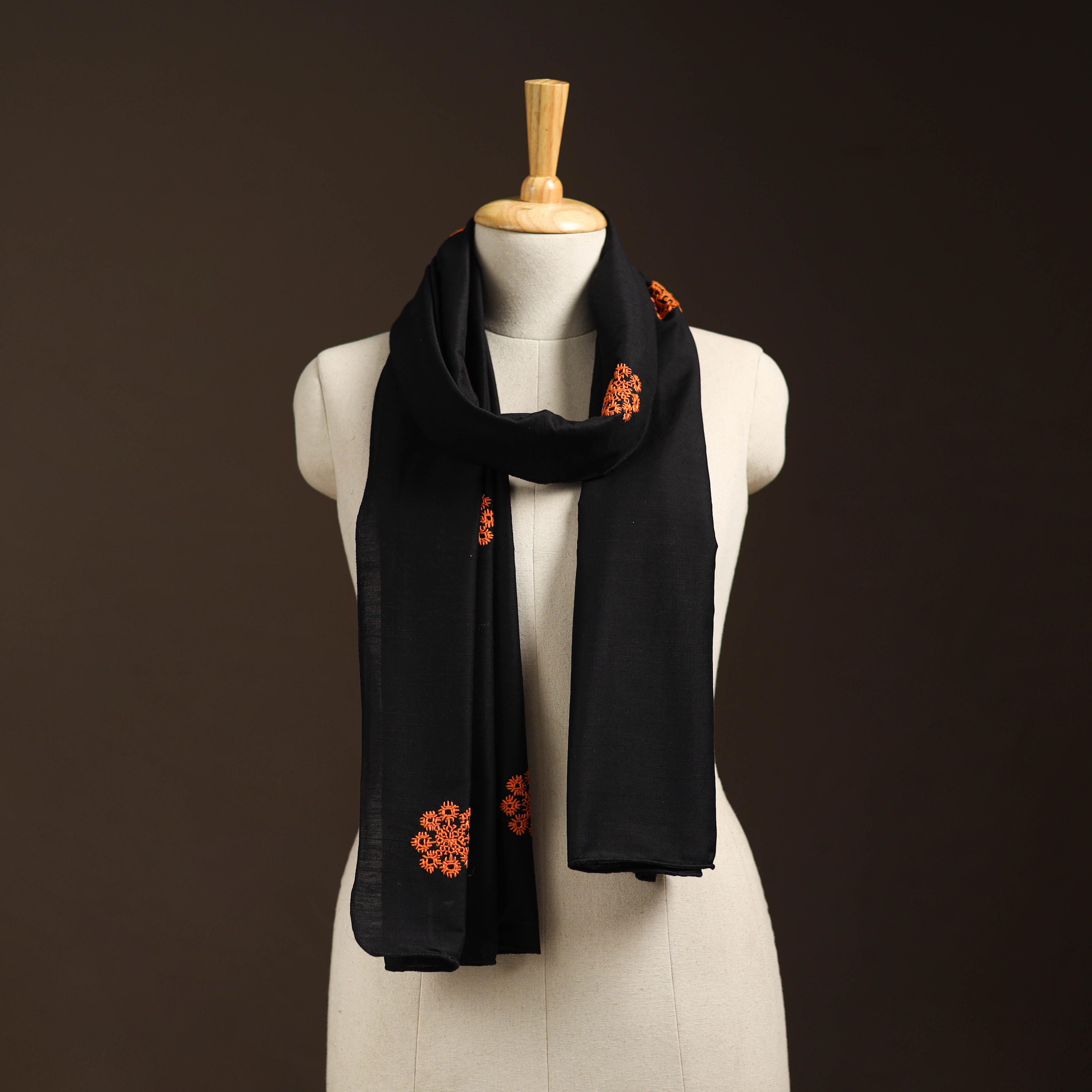 Black Slub Silk Hand Embroidered Plain Stole