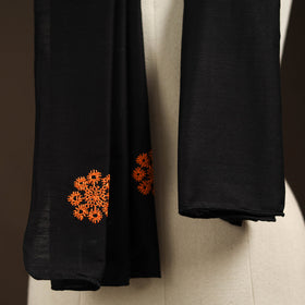 Black - slub silk hand embroidered plain stole 05