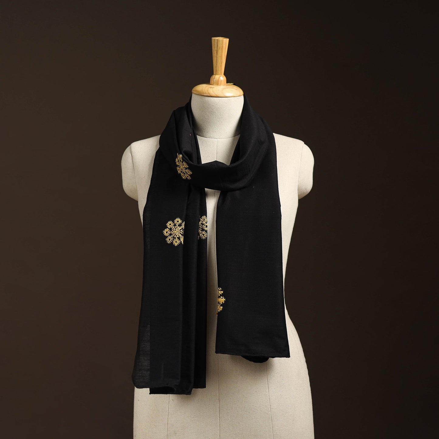 Black - slub silk hand embroidered plain stole 06