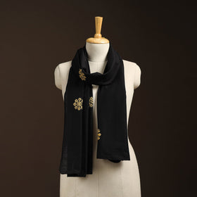 Black - slub silk hand embroidered plain stole 06