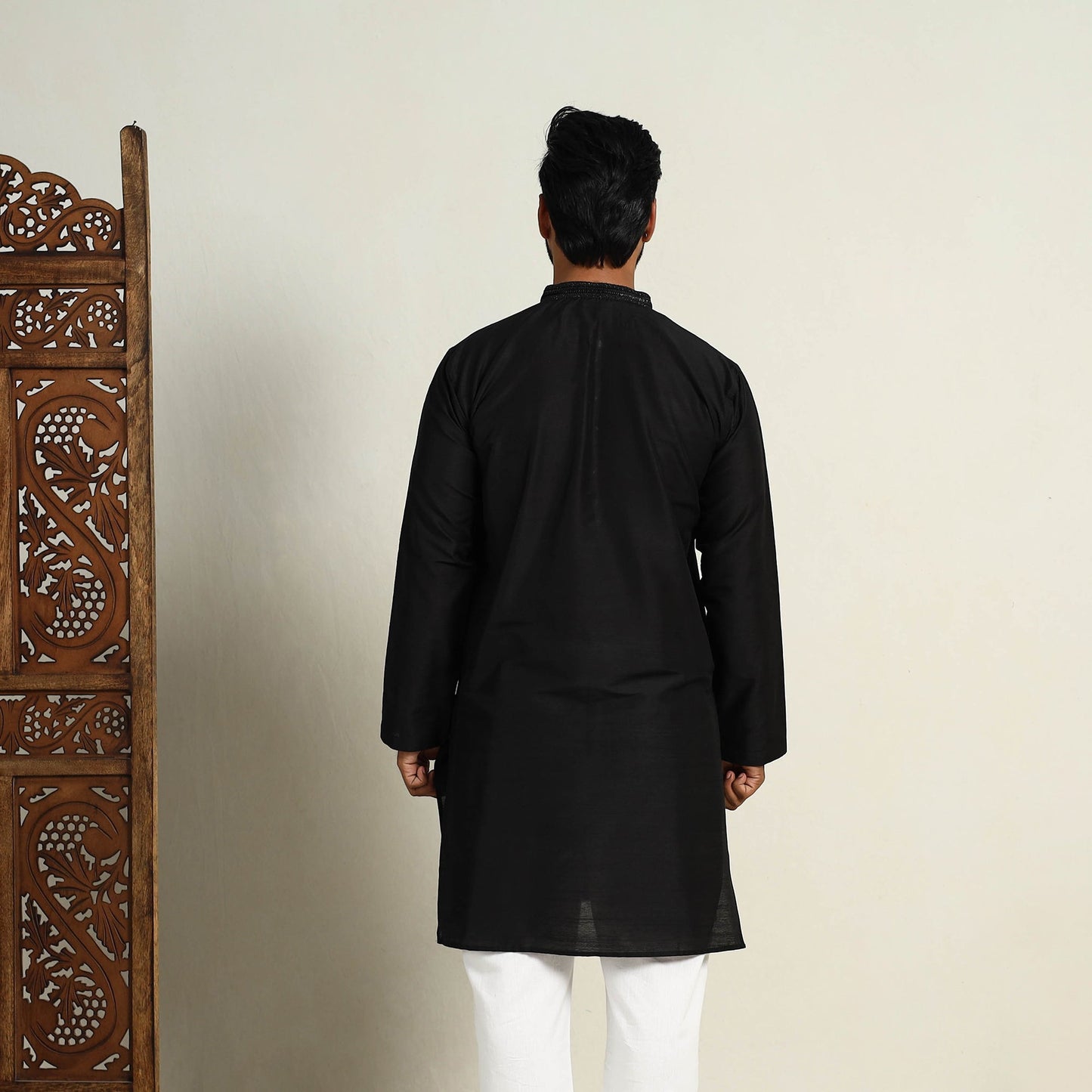  Black Slub Silk Kurta for Men with Embellished Neckline Work