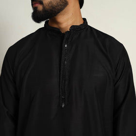  Black Slub Silk Kurta for Men with Embellished Neckline Work