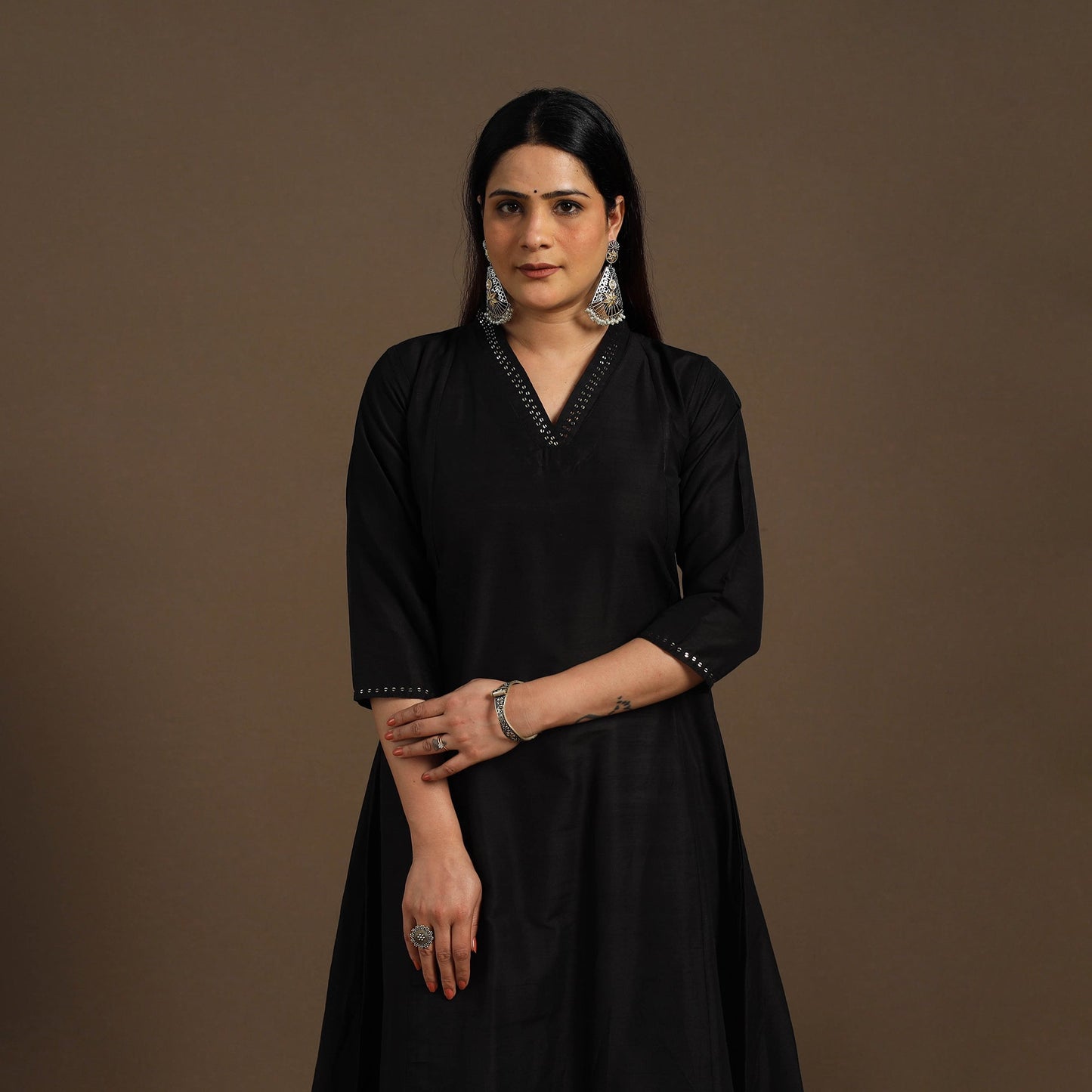 Black Slub Silk A-Line Plain Kurta with Hand Embroidery