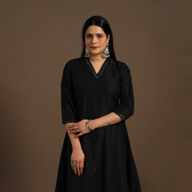 Black Slub Silk A-Line Plain Kurta with Hand Embroidery