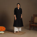 Black Slub Silk A-Line Plain Kurta with Hand Embroidery