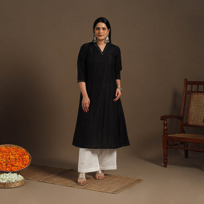 Black Slub Silk A-Line Plain Kurta with Hand Embroidery