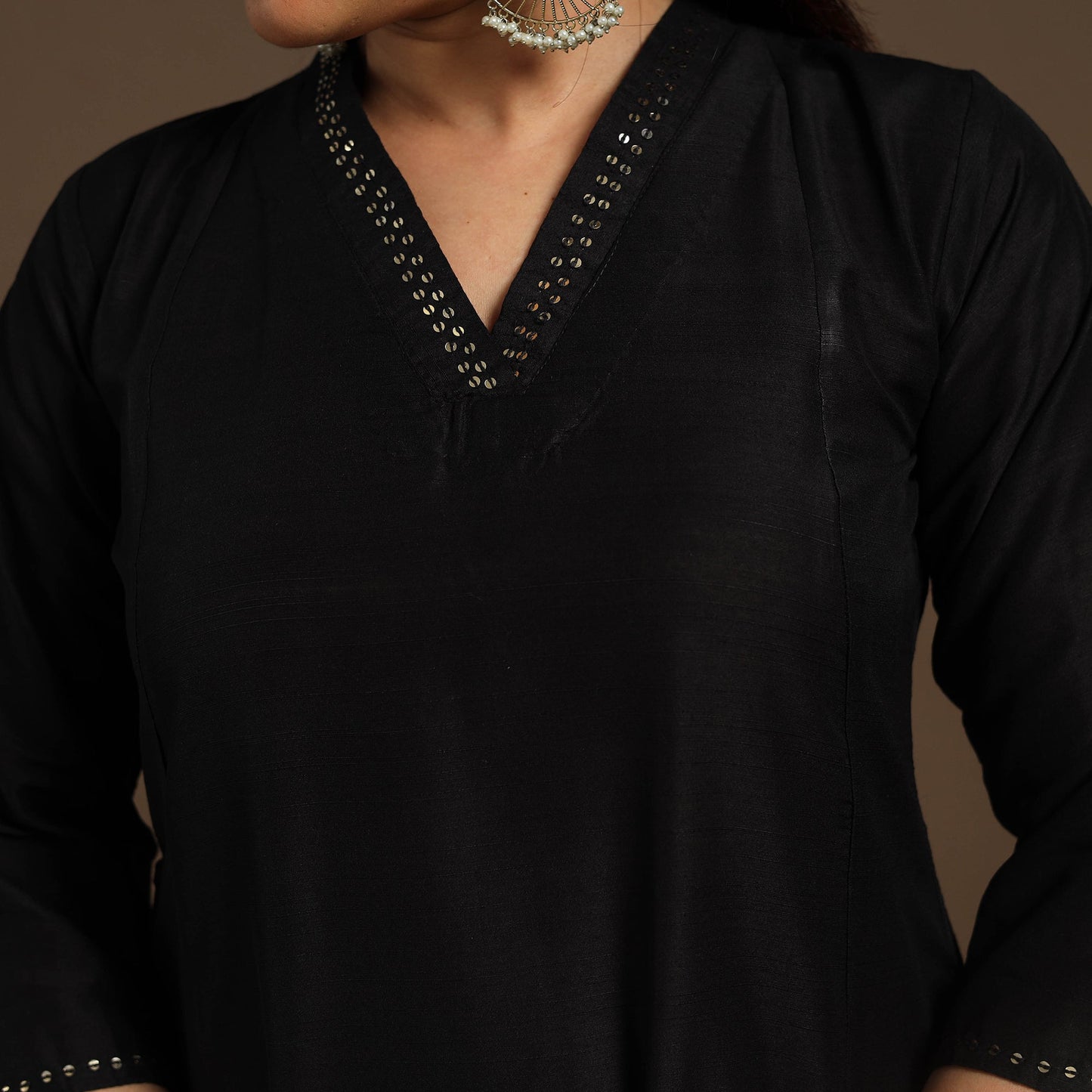 Black Slub Silk A-Line Plain Kurta with Hand Embroidery