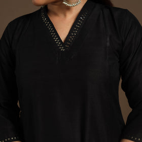 Black Slub Silk A-Line Plain Kurta with Hand Embroidery