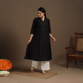Black Slub Silk A-Line Plain Kurta with Hand Embroidery