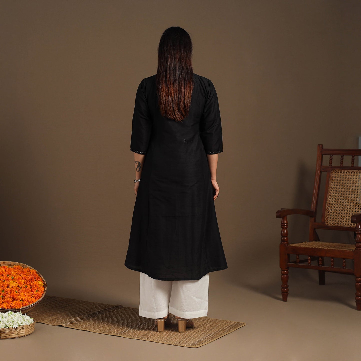 Black Slub Silk A-Line Plain Kurta with Hand Embroidery
