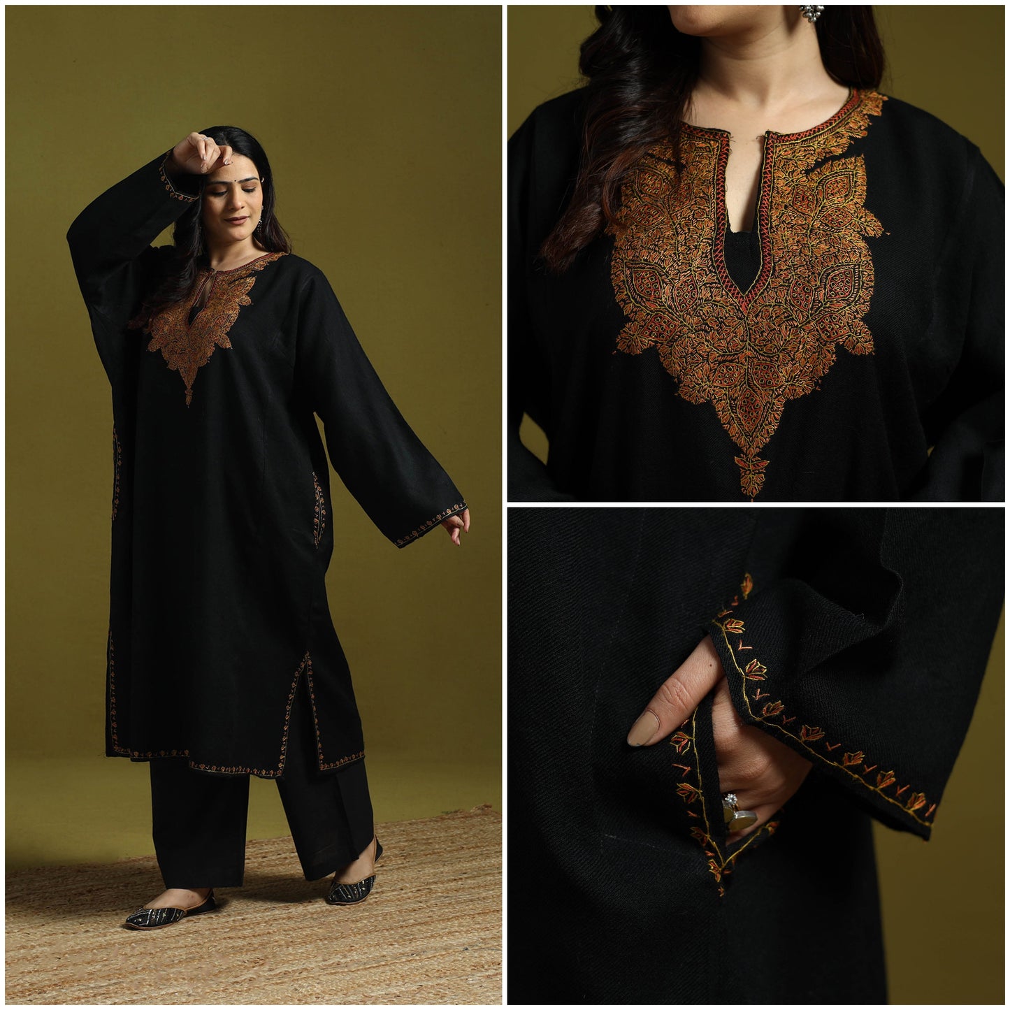 Black - sozni hand embroidery kashmiri merino wool pheran